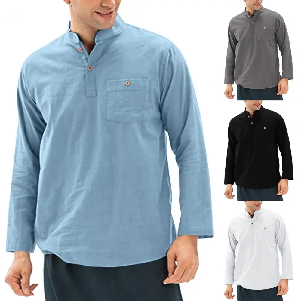 

Pure Color Long Sleeve Stand Collar Men Shirt Soft Pocket Summer Top Breathable Quick Dry Button Men Top All Match Loose Men Top
