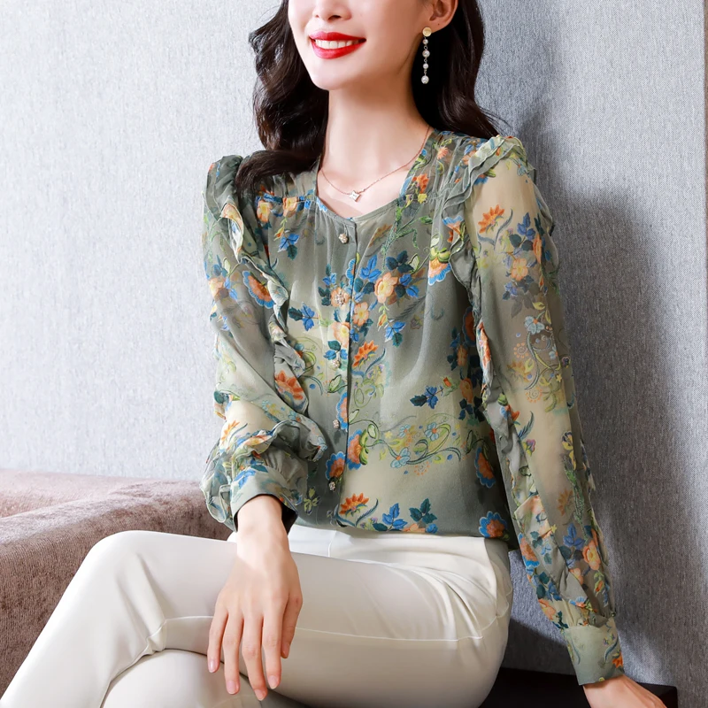 

YCMYUNYAN Silk Vintage Prints Women Blouses Ladies Shirt New Loose Summer Long Sleeves Ruffles Tops O-neck Satin Women's Shirts