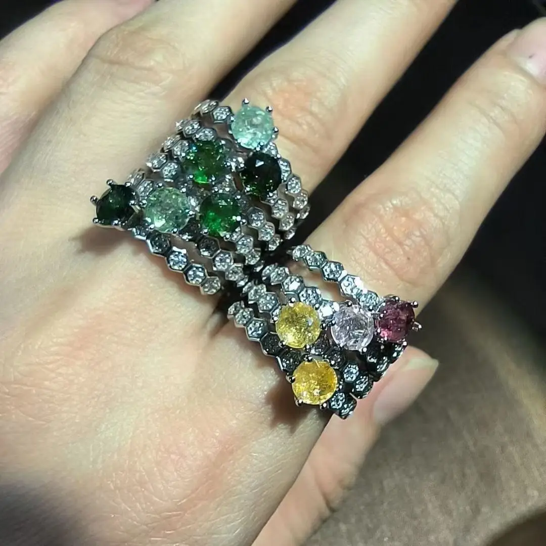 

1pcs/lot Natural Tourmaline Ring s925 silver women's Honeycomb Design Fashion sophistication red green yellow size adjustable