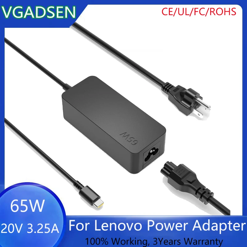 

VGADSEN 20V3.25A 65W Charger Type-C USB-C Universal 2.25A Laptops Power Adapter For Lenovo ThinkPad HP DELL Asus Notebook PD3.0