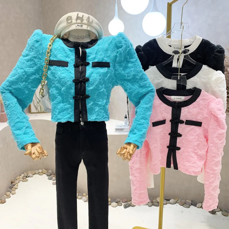 

New Women's Clothing 2022 Spring Long sleeved contrast color button up shirt short Tops blouse