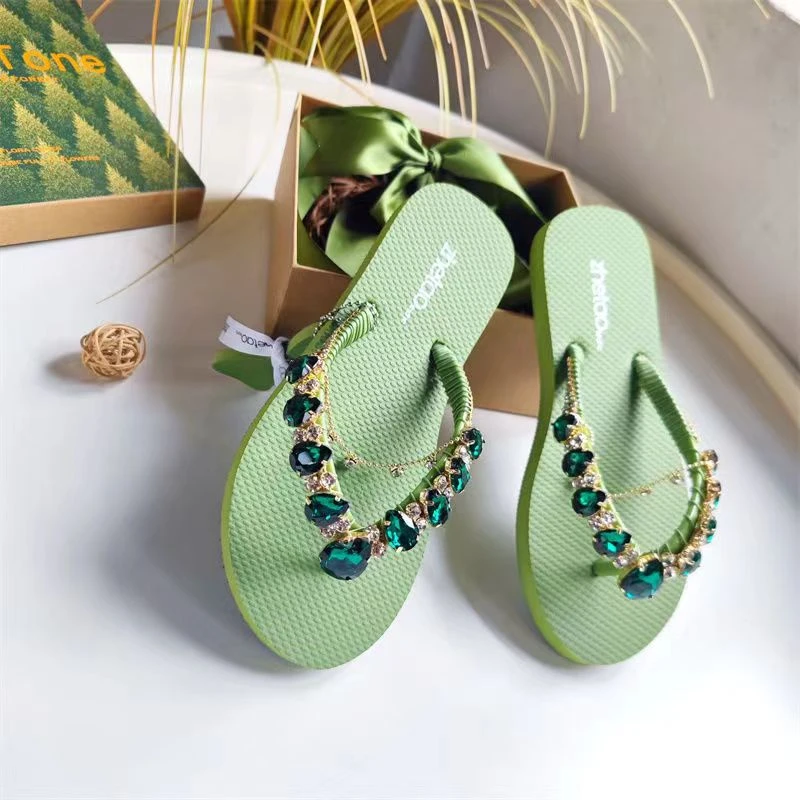 Women Comfortable Beach Shoes Non-slip Soft Bottom Casual Flip Flops Rhinestone Chain Decoration Summer Flat Slippers 2022