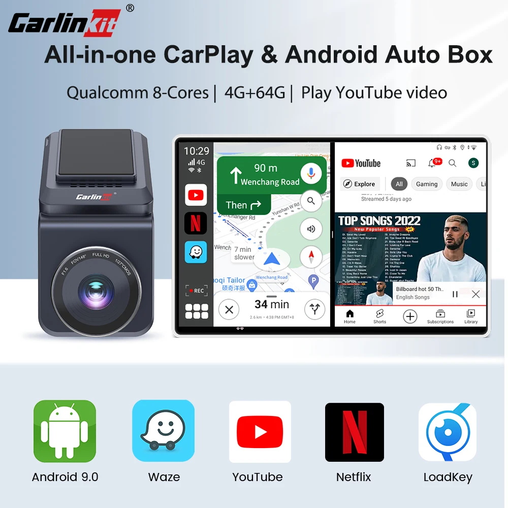 

CarlinKit Wireless Carplay Ai Box Android Auto HD Dash Cam 1080P 4G+64G Qualcomm SDM450 YouTube Netflix Google Play Mini TV Box