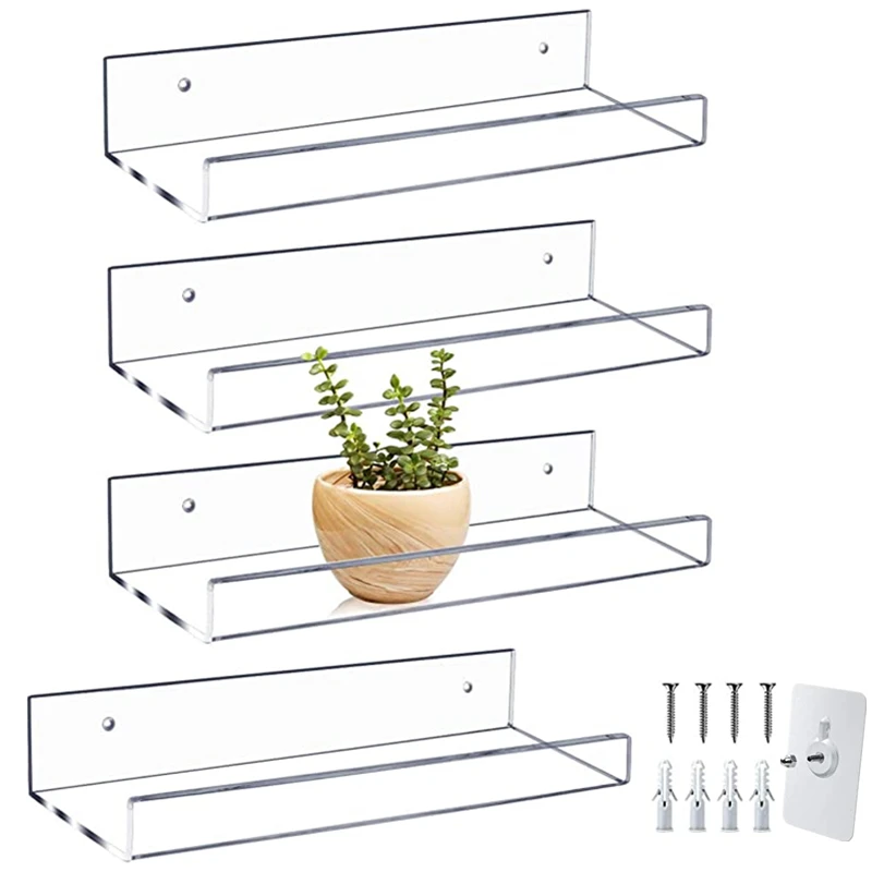 

4pcs Kitchen Organizer Seasoning Shelf Acrylic Transparent Wall Mounted Storage Rack Floating Book Shelves Bathroom Shelves