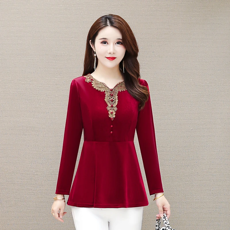 

Весенне-осенняя бархатная женская футболка с длинным рукавом в Корейском стиле, женская футболка оверсайз с кружевными краями, женские руб...