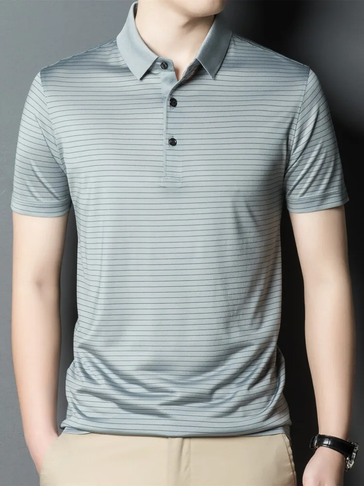 Hengyuanxiang Middle-Aged Short sleeve T-shirt Men 2024 Summer New Stripe Lapel Polo Shirt Containing Silk Daddy Clo... |