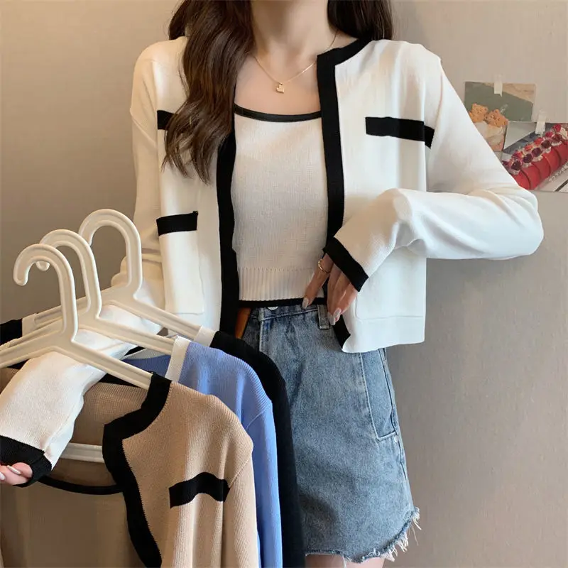 

Female Harajuku Fashion Women Cardigans Casual All Match Solid Spring Autumn Korean Knitting O Neck Patchwork Long Sleeve Top