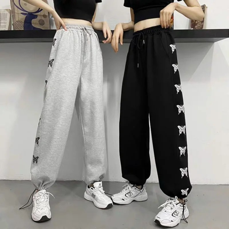 Kids Girls Casual Sport Pants Butterfly Printed Long Trousers 2022 New Teenage Girls Wide Leg Pants Black Gray Spring Clothes
