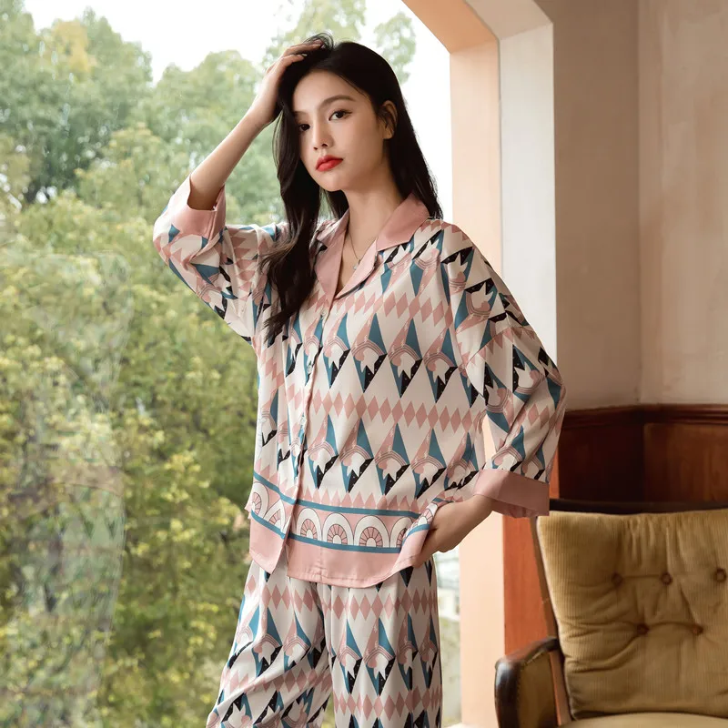 Women's Pajamas Set  Geometric Print Design High Quality Ice Silk  Silky Touch Sleepwear Nightwear Casual Home Woman Loungewear