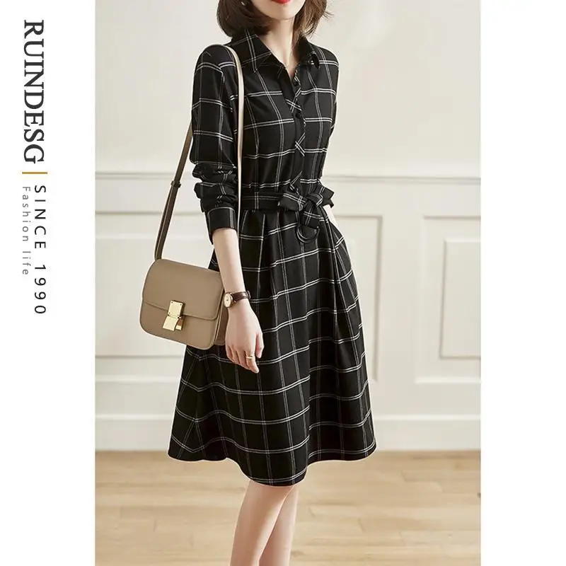 

Spring and Autumn New Dress Long-sleeved Black and White Plaid Lace Mid-length Shirt Collar Skirt