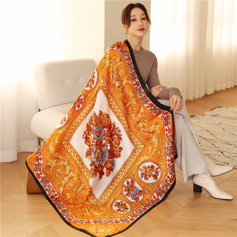 

New Designer Scarf Women Print Square Shawl Large Silk Scarves Headbands Hijab Beach Bufanda Lady Foulard Female Bandana 2022