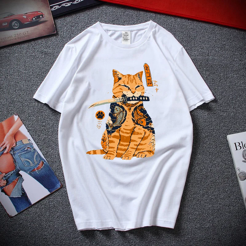 

Summer Loose Men/Women Cotton T-Shirt Casual Short Sleeve Cat Print Anime T-Shirt Japanese Simple Top 4xl