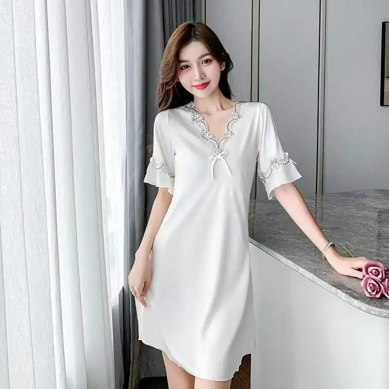 Women Ice Silk Sleepwear Nightdress Homewear Nightwear Pyjamas Female Lace Sleepwear V-neck Nightgown Ladies Pajamas Plus Size