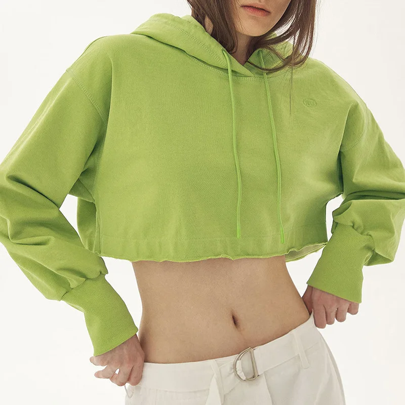 

Шон тсин®Уличная одежда, свитшоты, Женские однотонные укороченные толстовки с длинным рукавом, повседневные свободные пуловеры, Модные осенние Топы