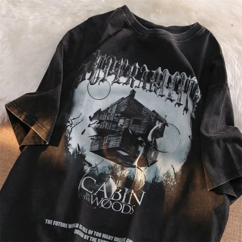 

Women Tshirt Hip-hop High Street Dark Streetwear Tops Loose Cartoon Retro Short Sleeved T-shirts for Men Women Gothic Clothes