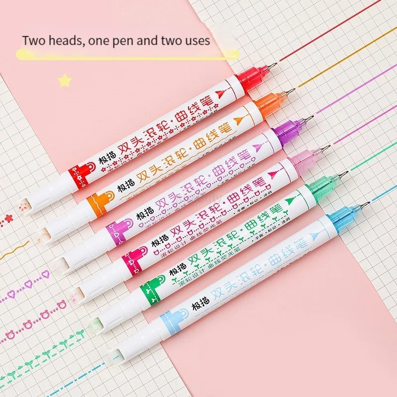 

6pcs Dual Tip Kawaii Line Shaped Highlighter Pens Art Marker Multi Colorful Roller Tip Curve Liner Gel Pen Stationery School
