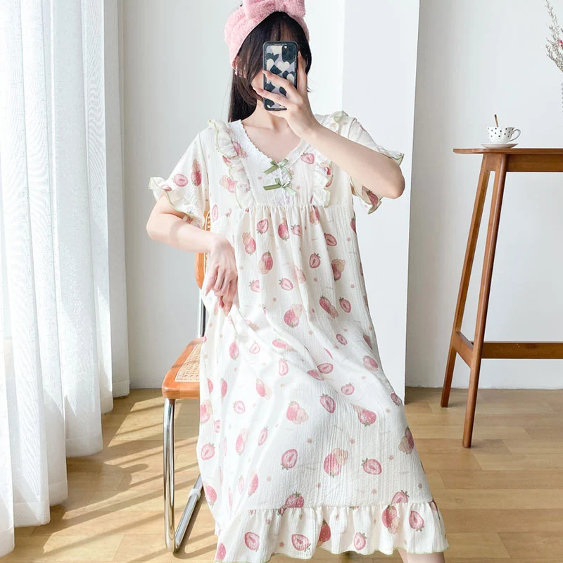 Women Printed Nightgowns Loose Short Sleeves Sleepwear Cotton Sleepdress Pyjama Night Dress Large Size XL-4XL Sleepshirts