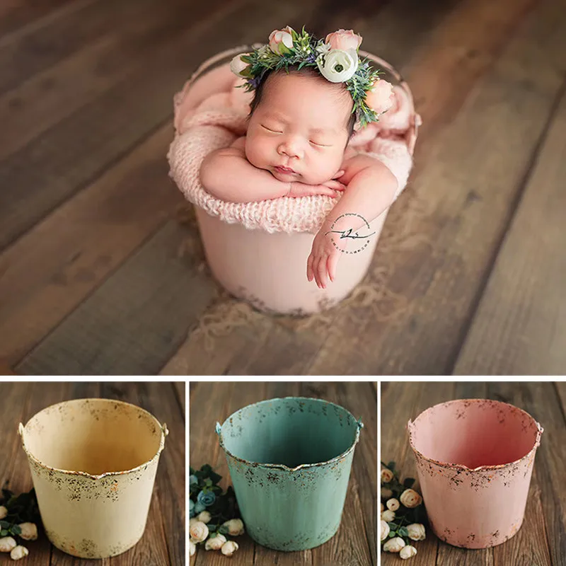 

Newborn Photography Props Retro Iron Bucket Boy Girl Baby Photo Prop Bakset Container Fotografie Accessoires Background sofa