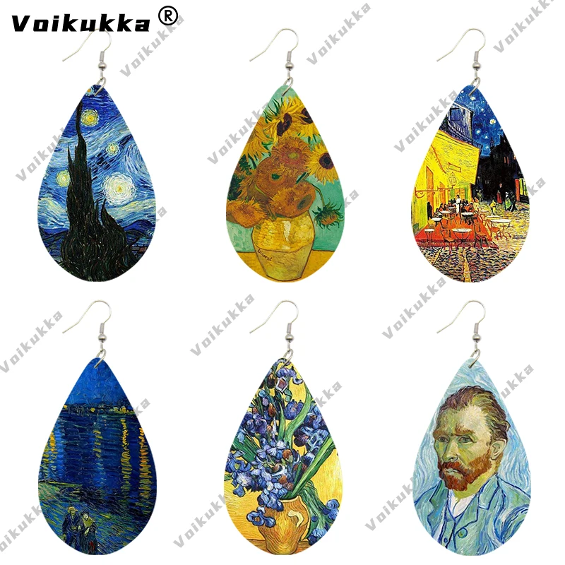 

Voikukka Jewelry Water Drop Pendant Van Gogh Paintings Both Sides Printing Wooden Dangle Earrings For Women 2022 New Product