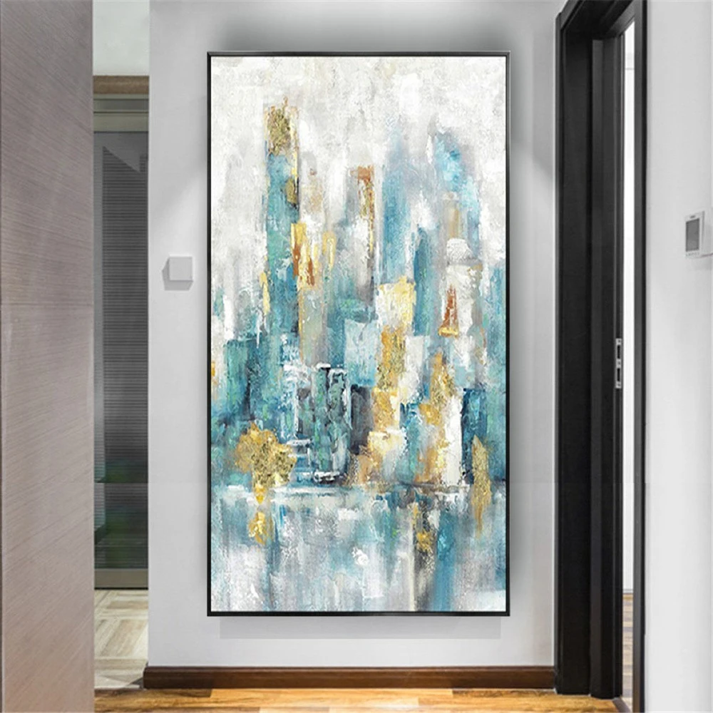 

100% Hand-painted Modern Canvas Poster City Building Landscape Blue Oil Paintings Gold Foil Wall Art Picture Decor Home Artwork