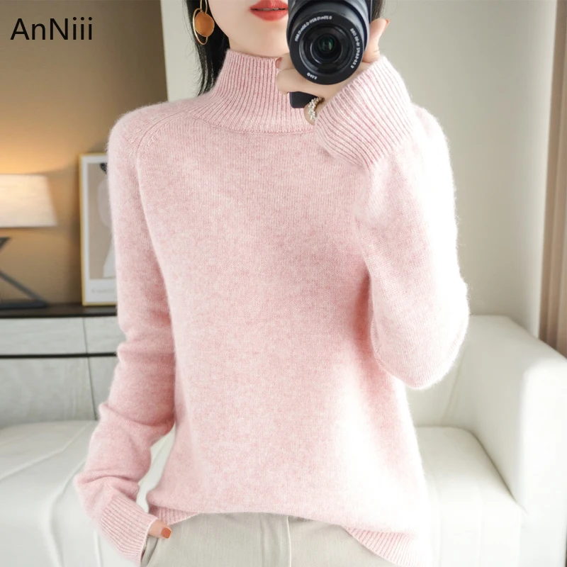 

Однотонный шерстяной Женский пуловер розового цвета с высоким воротником и длинным рукавом, модная женская одежда 2022, базовая женская блузка, свитеры