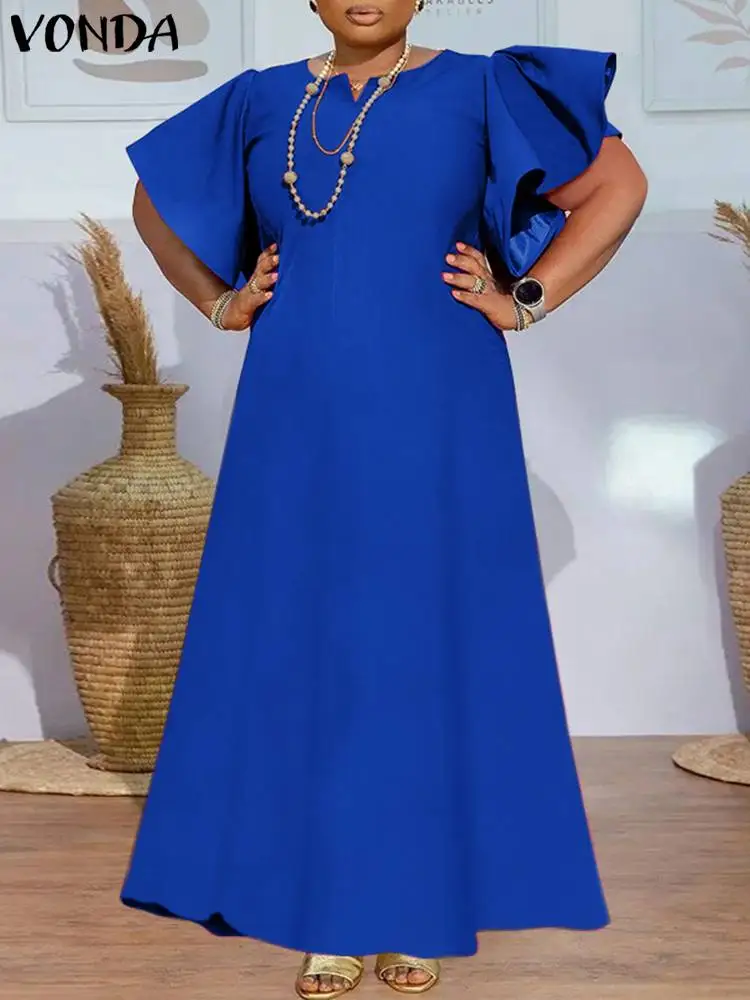 

2023 VONDA Elegant Women Ruffled Maxi Sundress Summer Short Sleeve Long Dress Boheman Satin Silk Solid Color Casual Loose Robe