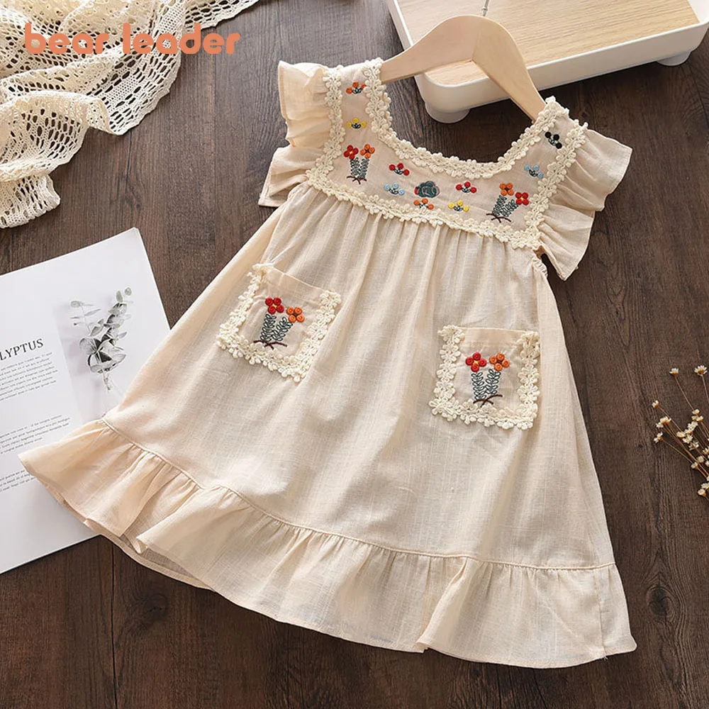 

Bear Leader Girls Flower Embroidered Dress Summer Retro Flying Sleeve Princess Dresses Children Casual Clothes Fashion 2-6 Years