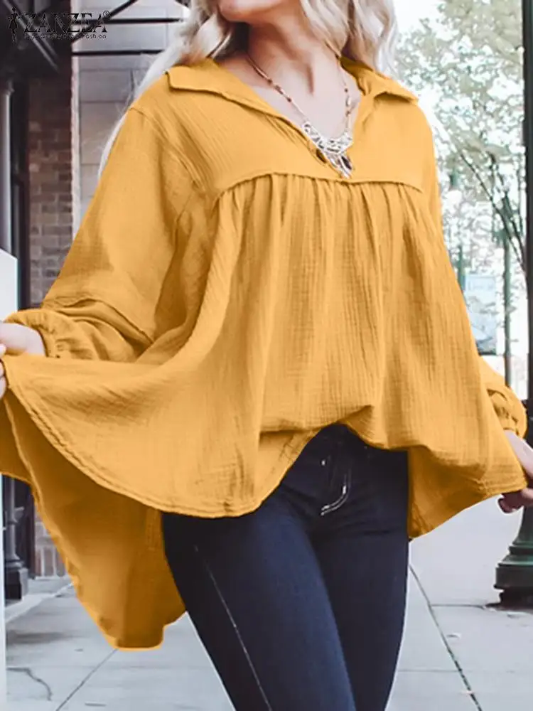 

ZANZEA Fashion Women Dresses 2022 Ruffle Patchwork Holiday O Neck Long Sleeve Tops Tunic Casual Solid Lady Loose Blusa Oversized