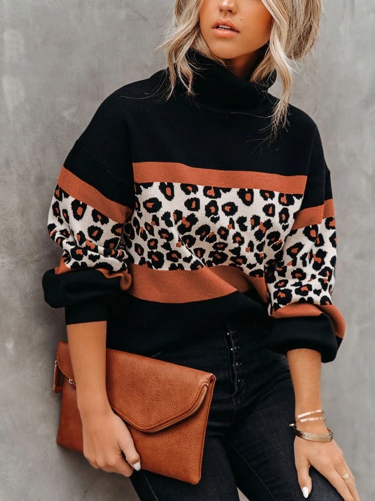

Winter Black Leopard Sweater Women Animal Jumper Loose Oversize Warm Striped Knitted Turtleneck Pullovers Women