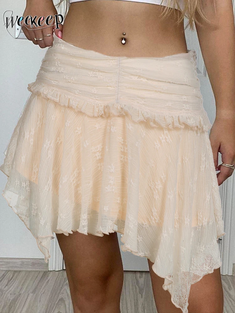 

Weekeep Асимметричная кружевная юбка в стиле пэчворк с оборками Y2k Эстетическая Женская мини-юбка с низкой посадкой милые наряды Милая уличная одежда 2000s