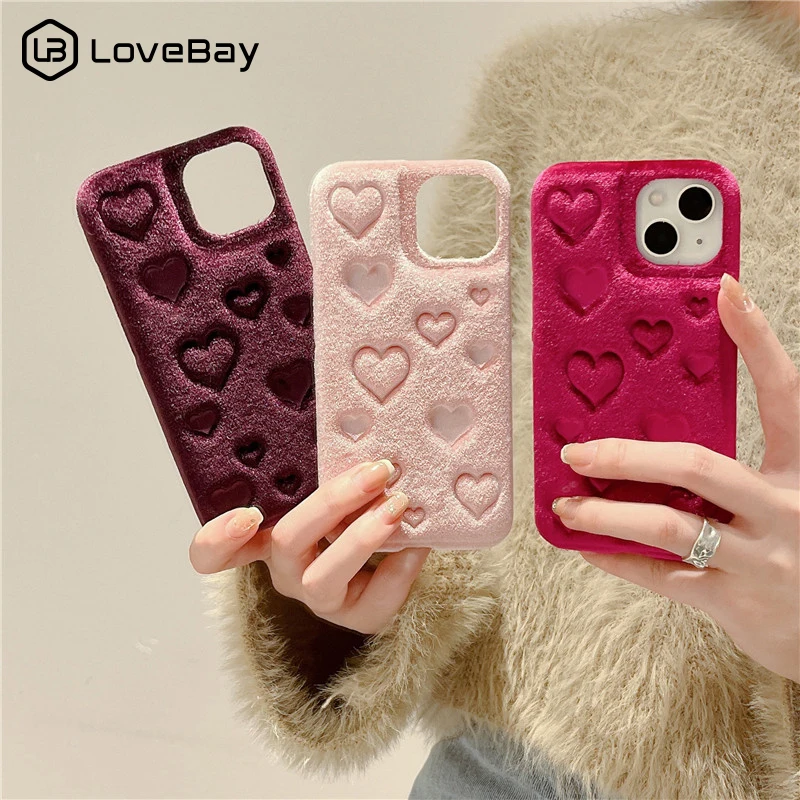

Lovebay Fashion Love Heart Plush Phone Case For iPhone 11 13 12 14 Pro Max Winter Warm Soft Shockproof Fluffy Protective Covers