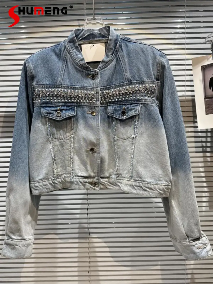 2023 Spring Autumn New Large Particles Rhinestone Beaded Jean Jacket Heavy Industry Gradient Washed Denim Short Coat for Women