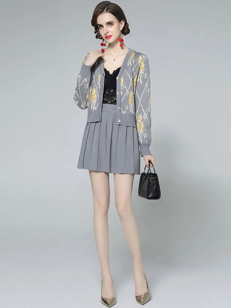 

2022 Spring Autumn Women's Skirt Sets Fashionable High Waist V-Neck Knitted Shirt Comfortable Pleated B95