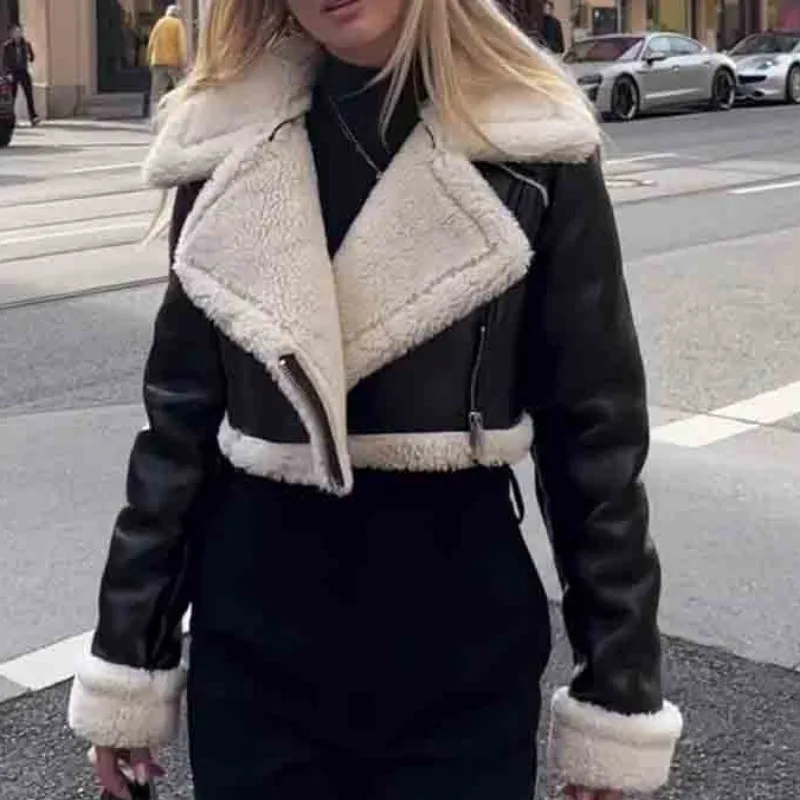 

Женская укороченная куртка из искусственной овчины, плотная теплая винтажная куртка на молнии с длинным рукавом, шикарная верхняя одежда, новинка 2023