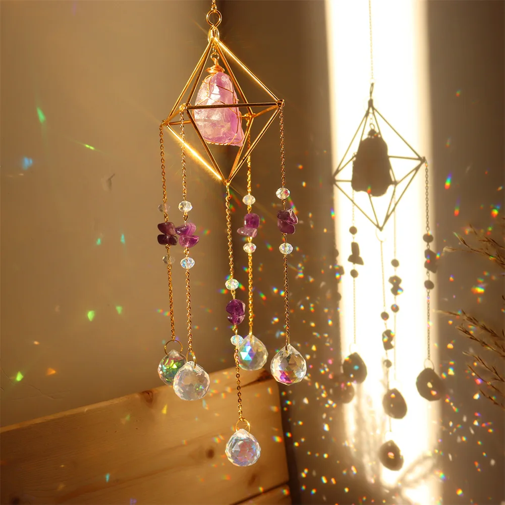 Natural Stone Crystal Wind Chimes Hexagon Prisms Light Catcher Rainbow Chaser Lighting Ornament for Window Pendant Home Decor