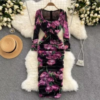 spring women purple floral printed midi dress women elegant square collar long sleeve chiffon draped vestidos female robe 2022