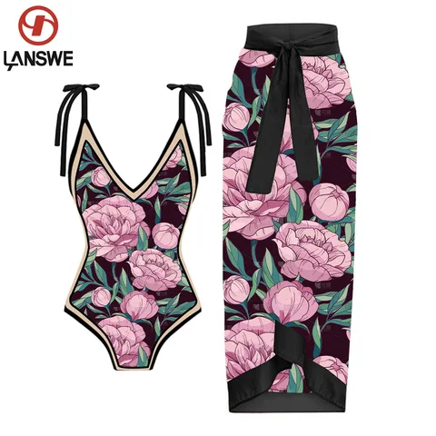 Lanswe Double Sided printing Retro One Piece Swimsuit 2023 New Sexy Beach Leisure Swimwear Set Woman Two Pieces Brazil Bikini