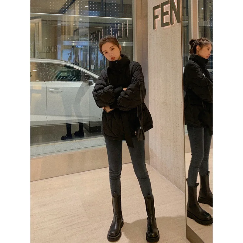 Women's Cotton Padded Coat Autumn Winter Thin Warm Parkas Korean Fashion Tunic Belt Short Outerwear 2022 New Female Jacket Tops