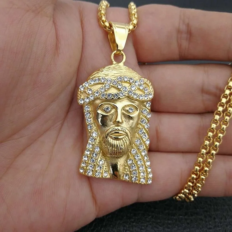 

Jesus Pendant Necklace Religion Men's Fashion Titanium Steel Gold Plated Rhinestones Religious Personality Jewelry
