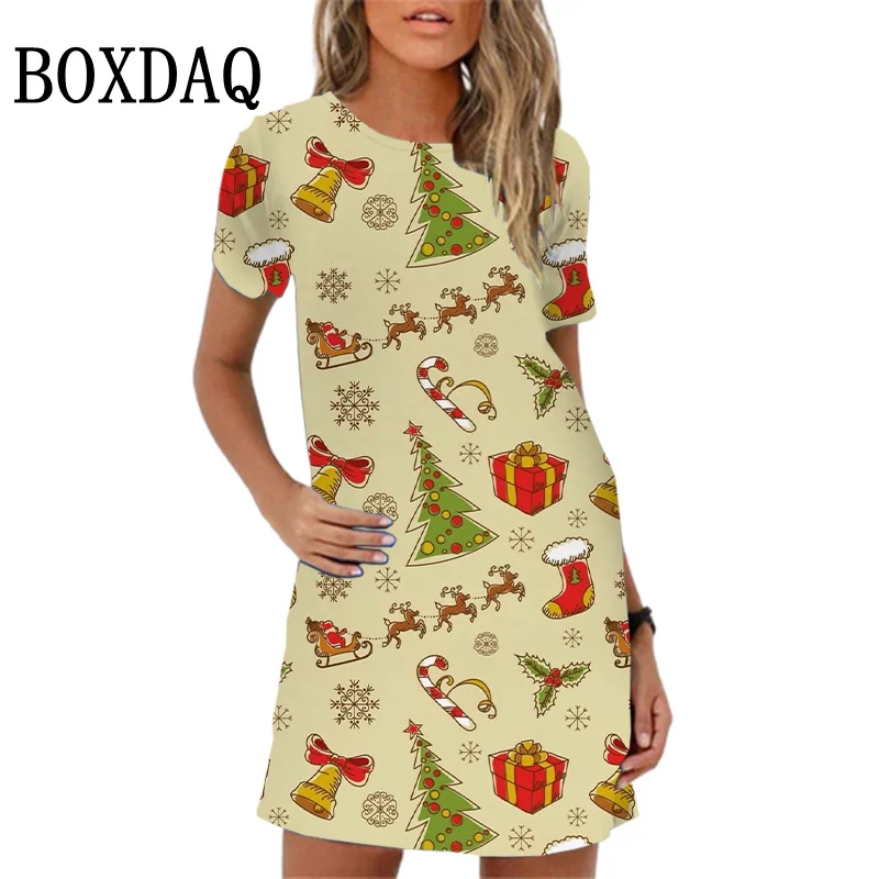 Рождественский рисунок Женское платье Летнее с короткими рукавами O воротник