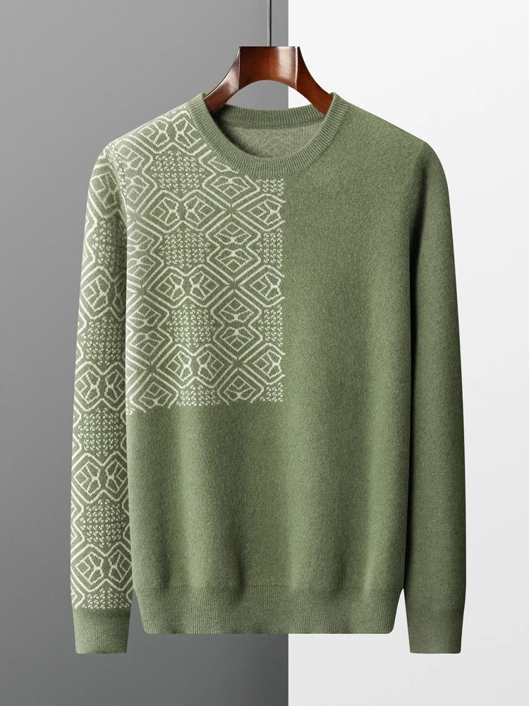 LHZSYY 100% Merino Wool Autumn Winter Men's Sweaters Fashion Jacquard Warm Slim Fit Pullover Sweater Man Wool Knitted Jumper Top