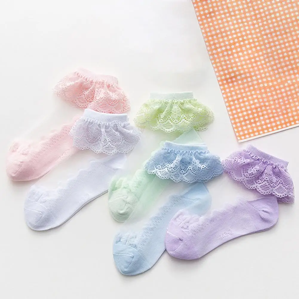 

5 Pairs Short Socks Breathable 3 Colors Wear Resistant Baby Girls Turn Cuff Ruffle Print Socks Ankle Socks for Children