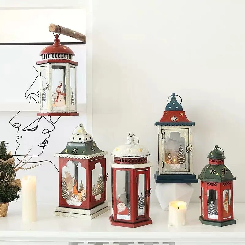 

Christmas [MGT] Decorations Ornaments Retro Candle Holders Wrought Iron Glass Wind-Proof Lanterns Home Accessories