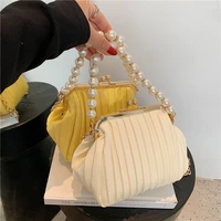 2022 spring women new small pleated shell bag designer pearl handle chain messenger bag solid pu leather evening cluth female