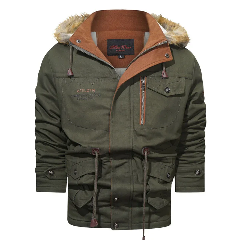 2022 Men's Winter Thick Warm Cargo Jacket Casual Fleece Hooded Windproof Parka Male Solid Multi Pocket Jacket Plus Size 4XL 5XL