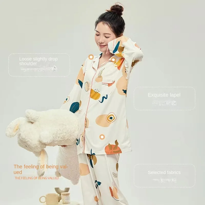 Spring / Summer New Cotton Long-sleeved Trousers Ladies Pajamas Suit 2XL Plus Size Long Sleepwear Women's home Nightwear