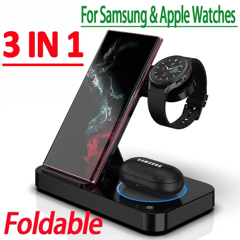 

15W 4 in 1 Foldable Wireless Charging Station For iPhone 14 13Pro Apple Watch 7/6 For Samsung Galaxy Watch Chargers 4/3 S22 S21