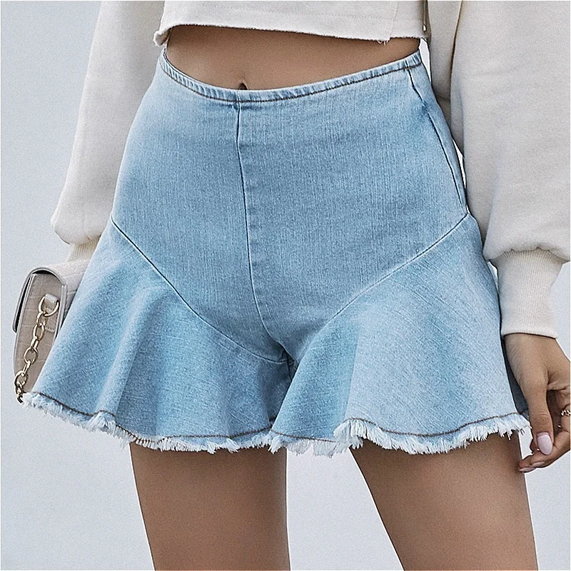 2021 Women's High Waist Ruffle Denim Shorts Casual Blue A-Line Flared Raw Hem Short Ladies New Style Zipper Frayed Short Jeans