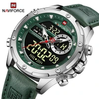naviforc male casual fashion chronograph men genuine leather band watches green quartz waterproof wrist watch luminous man clock