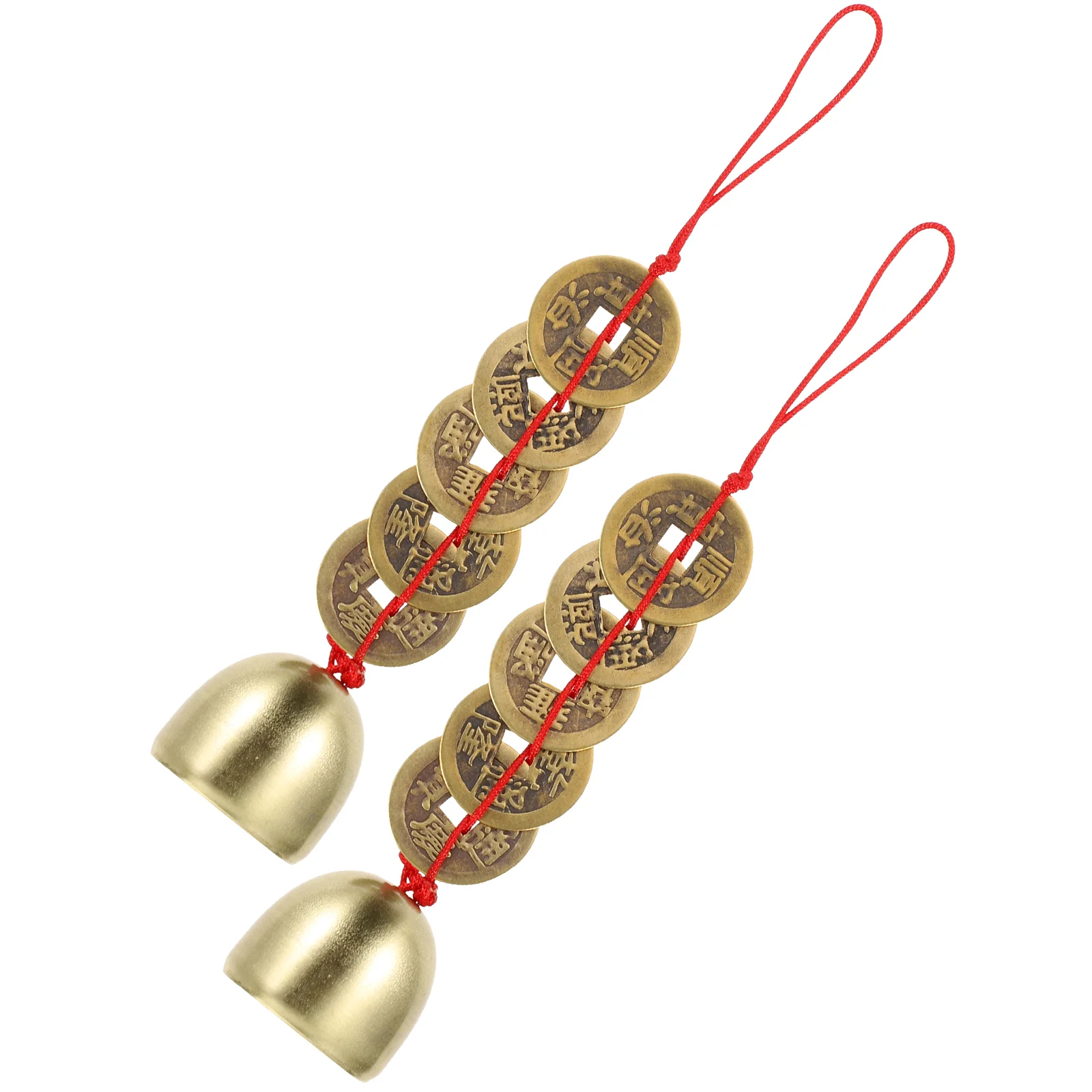 

2 Pcs Chinese Coins Bell Pendant Hanging Fengshui Decorate 15X2.6CM Charm Golden Zinc Alloy 5-coins Car Decoration